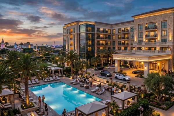 An Anaheim luxury resort and pool at sunset