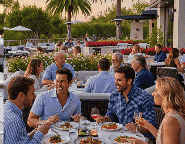 Friends dining outdoors