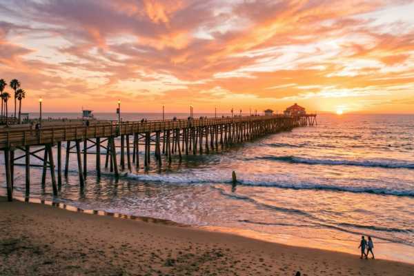 Orange County pier and beach at sunset