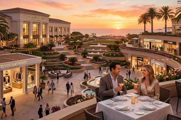 An open-air Orange County shopping plaza at sunset