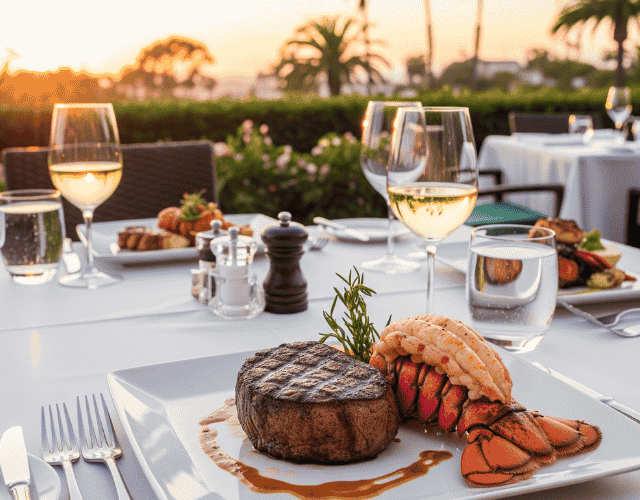 Steak and lobster at an oceanfront restaurant