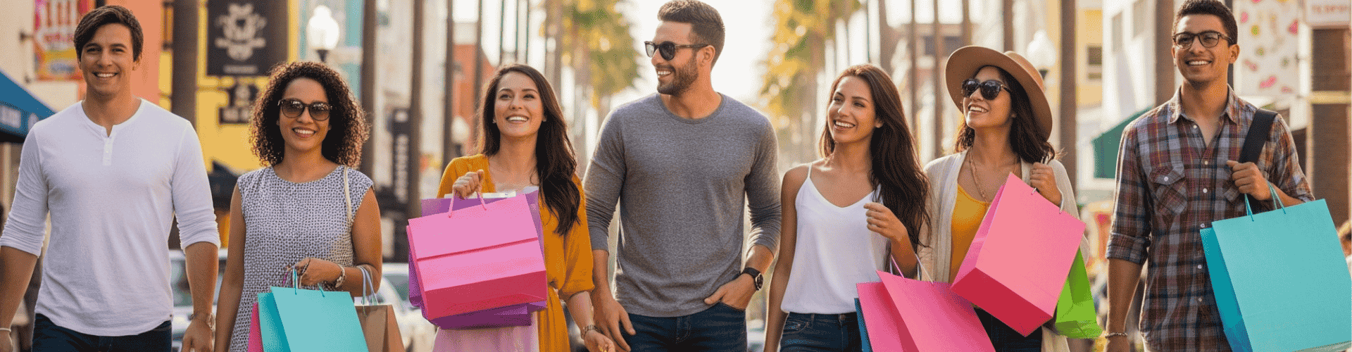 Friends shopping on a palm-lined street